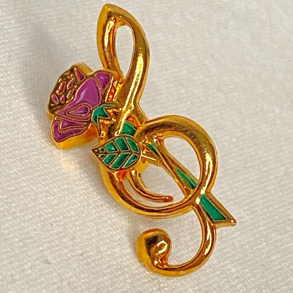 Rose Musical Note Brooch Gold Tone Enamel Cloisonne - Picture 1 of 6